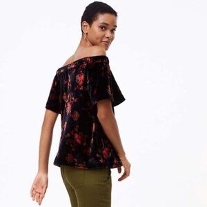LOFT Elegant Navy Velvet Floral Off-Shoulder Top